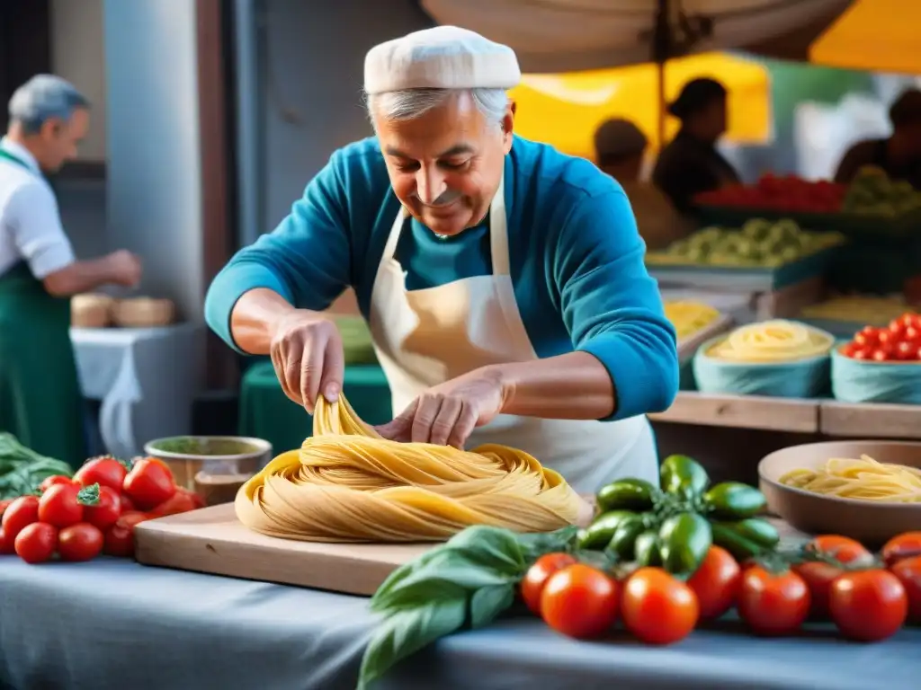 Una animada escena de cocina callejera italiana tendencias en un mercado matutino, con una nonna haciendo pasta casera