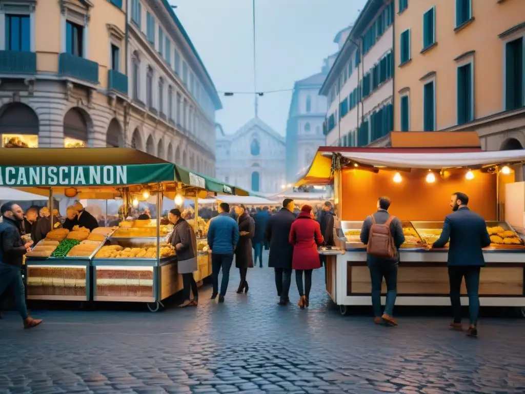 Animada escena de comida callejera norte Italia en Milán: arancini, panzerotti y porchetta