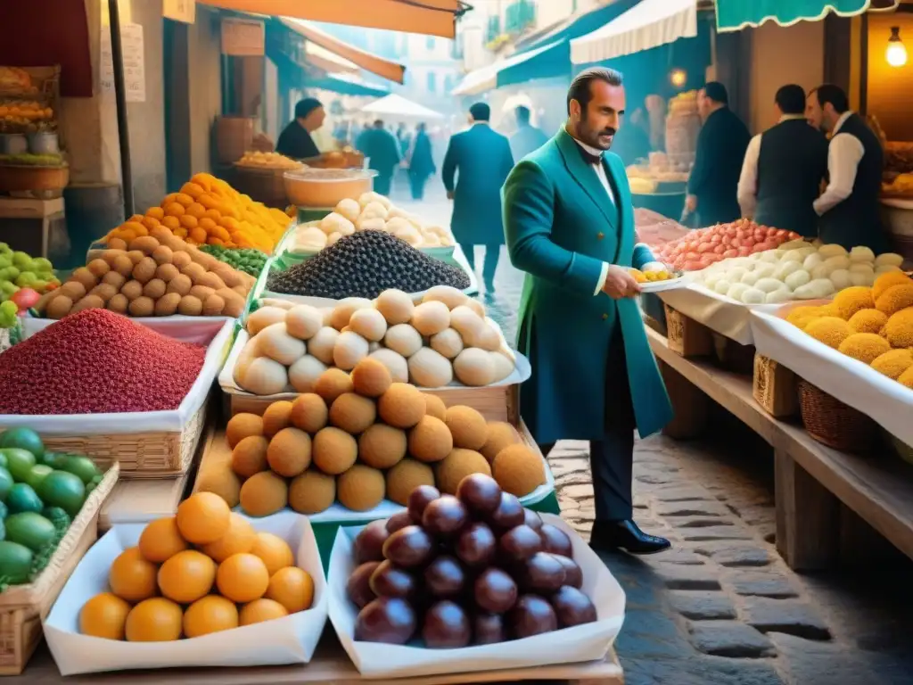 Una animada escena de mercado callejero en Sicilia, con colores, sabores y tradiciones que reflejan la influencia gastronomía siciliana en tendencias