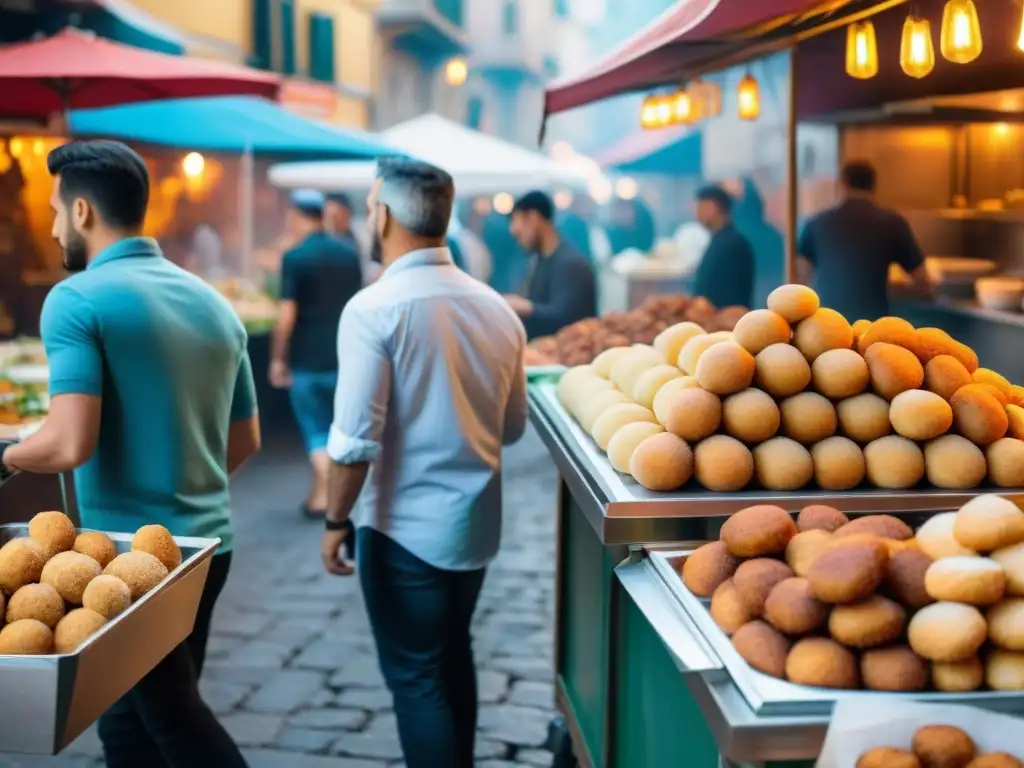 La animada escena de un mercado callejero italiano, fusionando tradición y tendencias de cocina callejera italiana