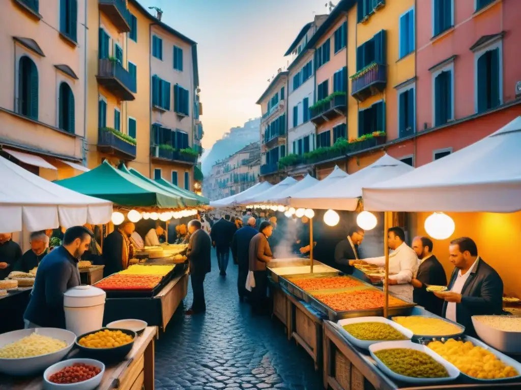 Animada escena de mercado callejero en Nápoles al atardecer con Frittata di pasta callejera napolitana y gente disfrutando