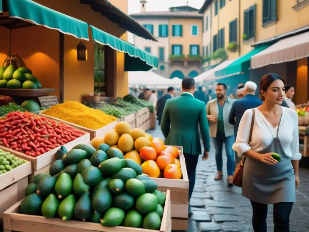 Una animada escena de mercado en Florencia, Italia, fusionando ingredientes mexicanos y italianos en una armoniosa mezcla