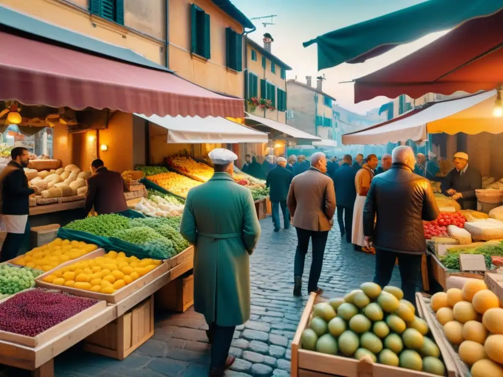 Una animada escena en un mercado italiano, con vendedores apasionados y críticos de cocina en primer plano