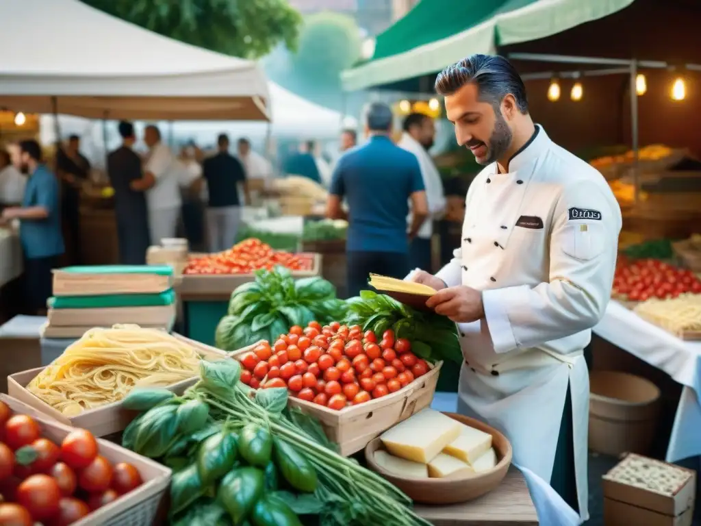 Una animada escena de un mercado italiano al aire libre, con ingredientes frescos y chefs seleccionando productos