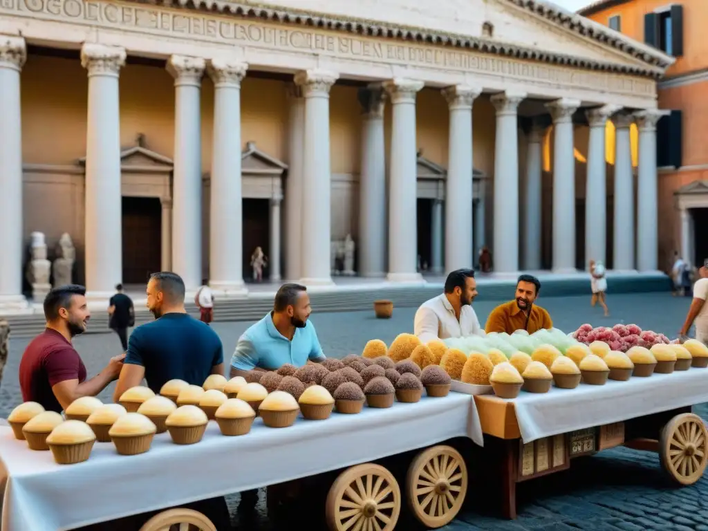 Una animada escena en un mercado romano antiguo, con vendedores de gelato temprano