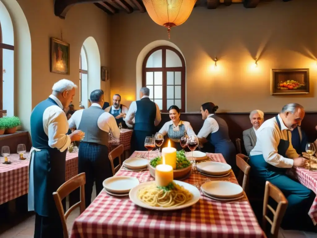 Una animada escena en una ostería italiana iluminada tenue, con mantel de cuadros, velas en botellas de vino y músicos tocando tarantella