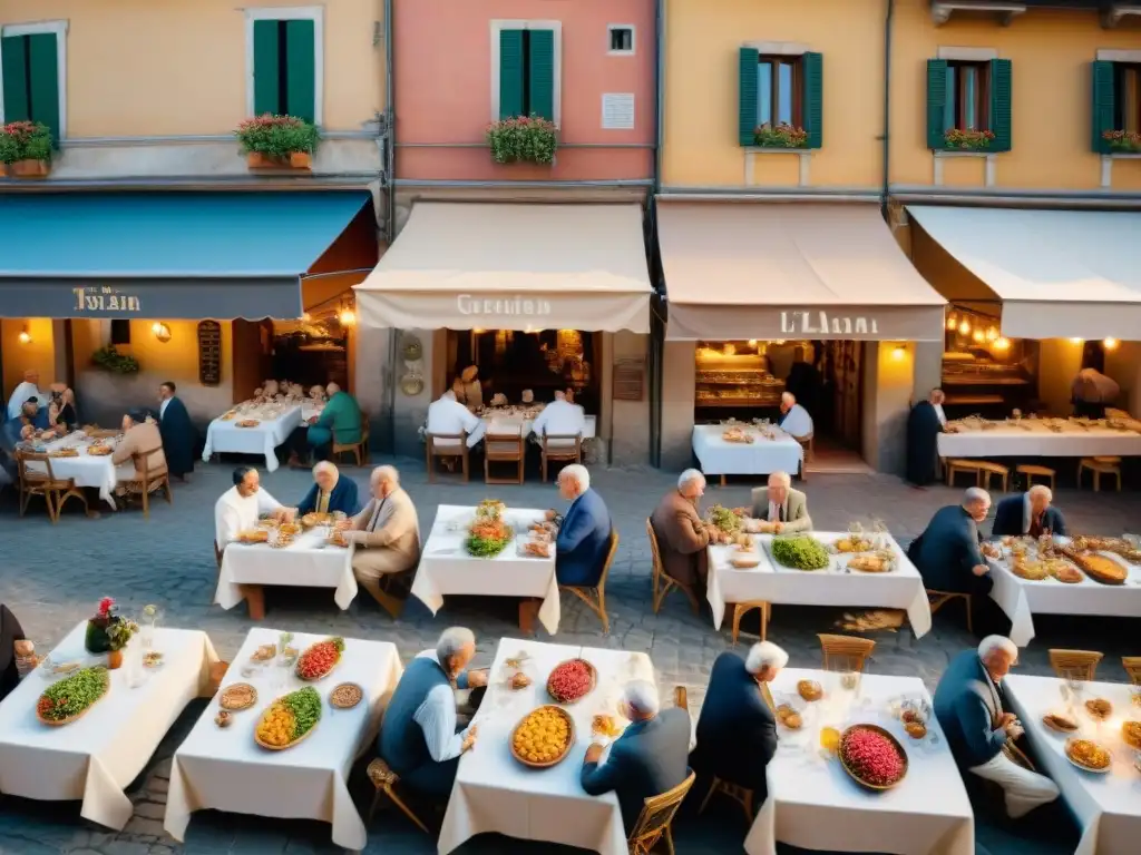 Una animada escena de una plaza en Italia, con una mesa comunal llena de platos de cocina tradicional