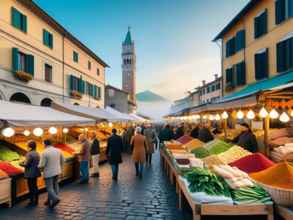 Una animada feria al aire libre en Italia con puestos de especias y productos frescos de la cocina india