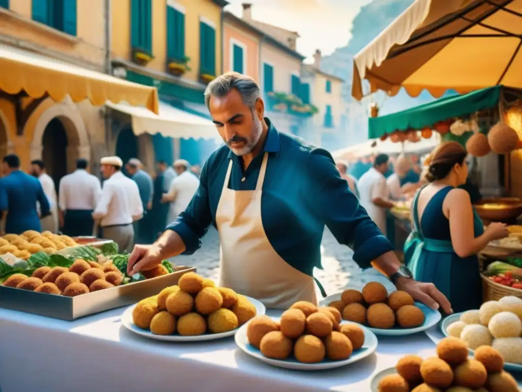 Animada fiesta gastronómica en Sicilia, Italia: coloridos puestos de arancini, cannoli y mariscos bajo el cálido sol mediterráneo