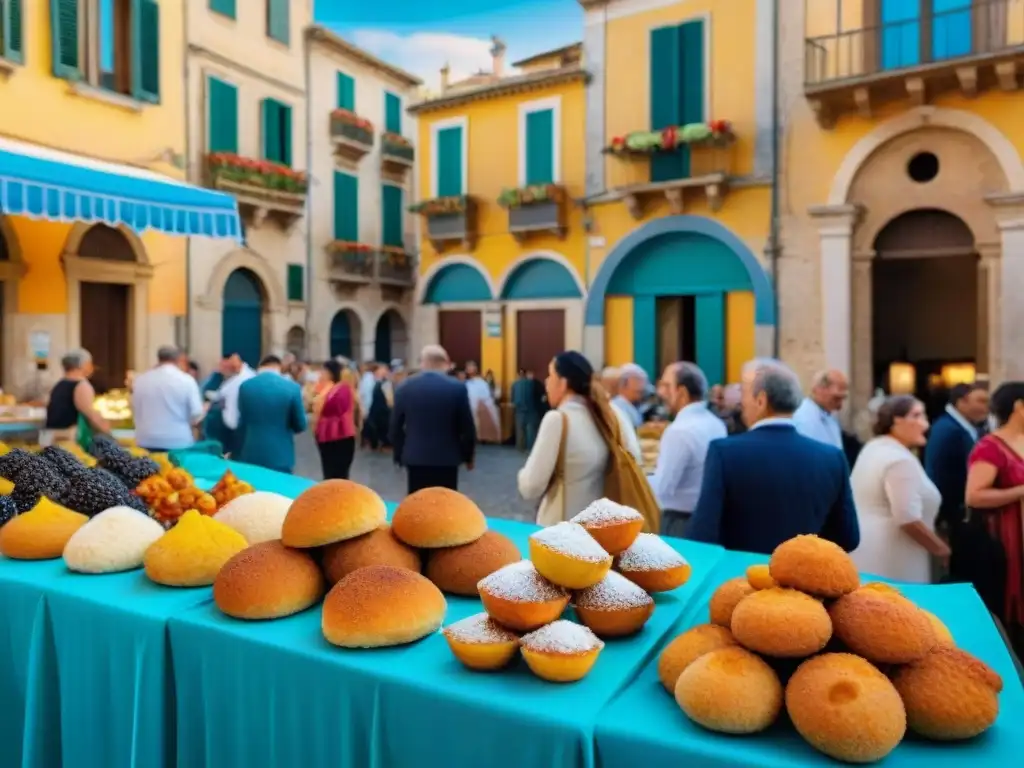 Animada fiesta gastronómica en Sicilia con puestos coloridos y delicias locales, junto al mar Mediterráneo