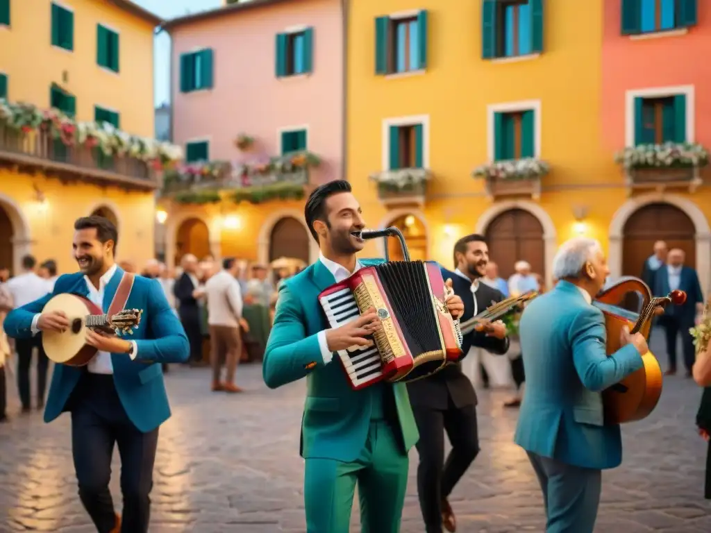 Animada fiesta italiana con músicos y danzantes en una hermosa plaza