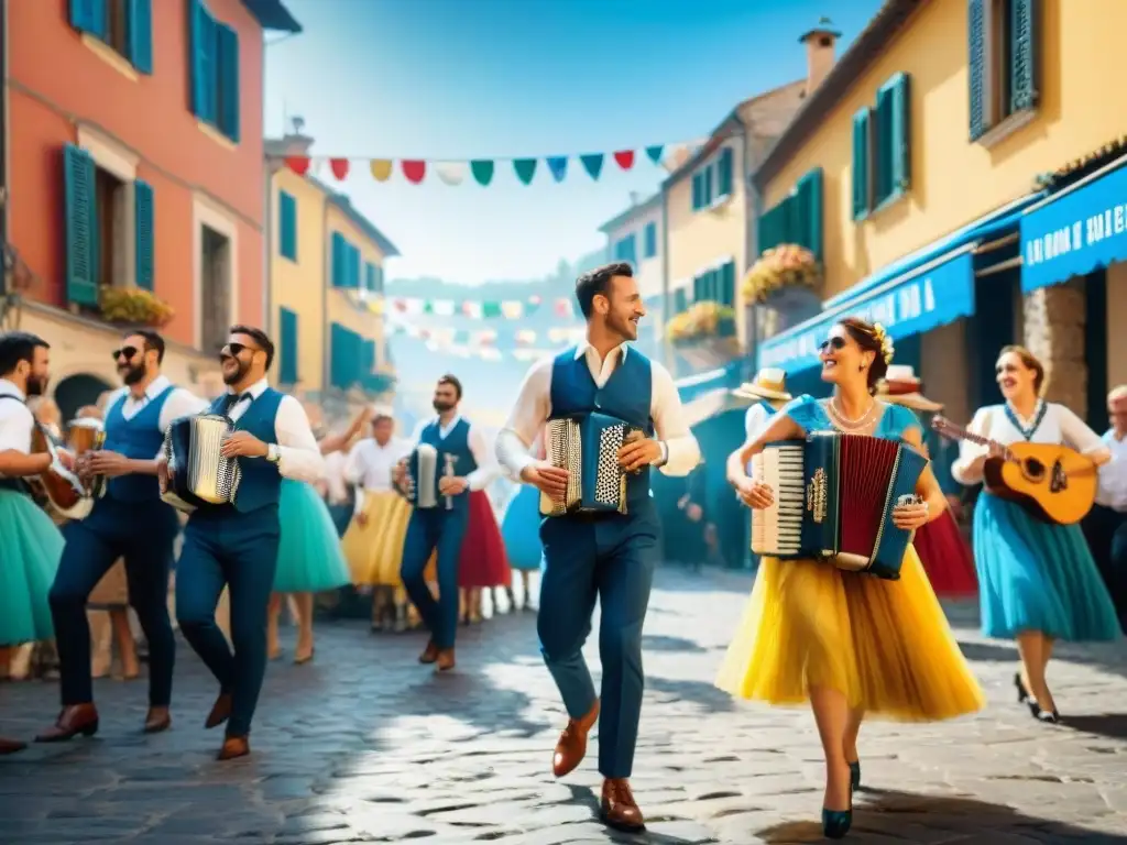 Una animada fiesta italiana con música tradicional Tarantella, personas bailando y coloridos trajes en las calles empedradas