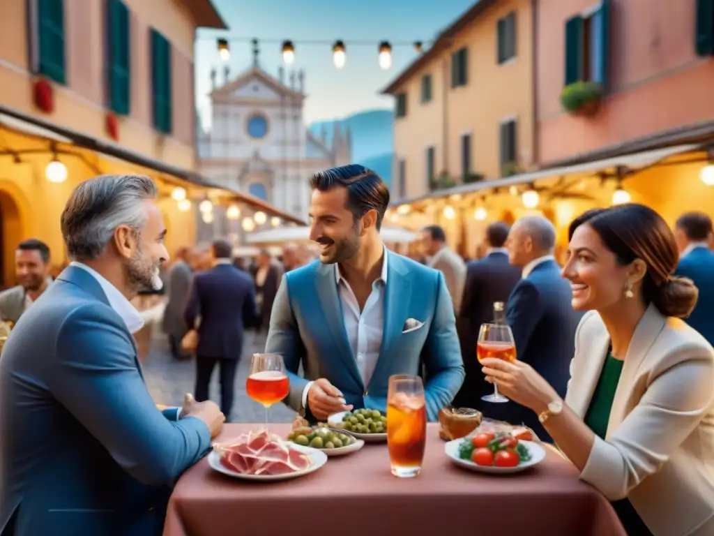 Una animada piazza italiana al atardecer, con aperitivos y conversaciones bajo luces cálidas