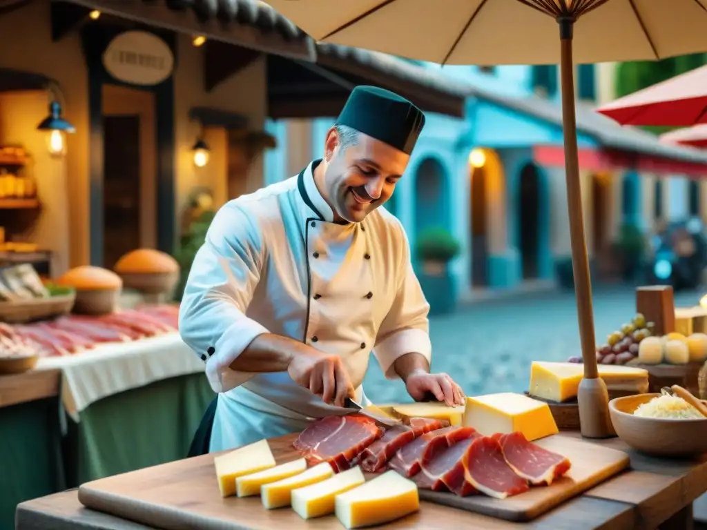 En una animada lonja italiana, un maestro carnicero corta prosciutto mientras un quesero ofrece Parmigiano Reggiano