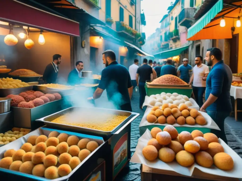 Disfrutando de la animada Frittata di pasta callejera napolitana en un bullicioso mercado de Nápoles