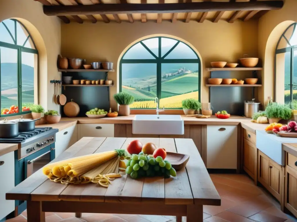 Un animado ambiente de cocina en una granja italiana, con una mesa llena de productos frescos, pasta casera y vinos regionales