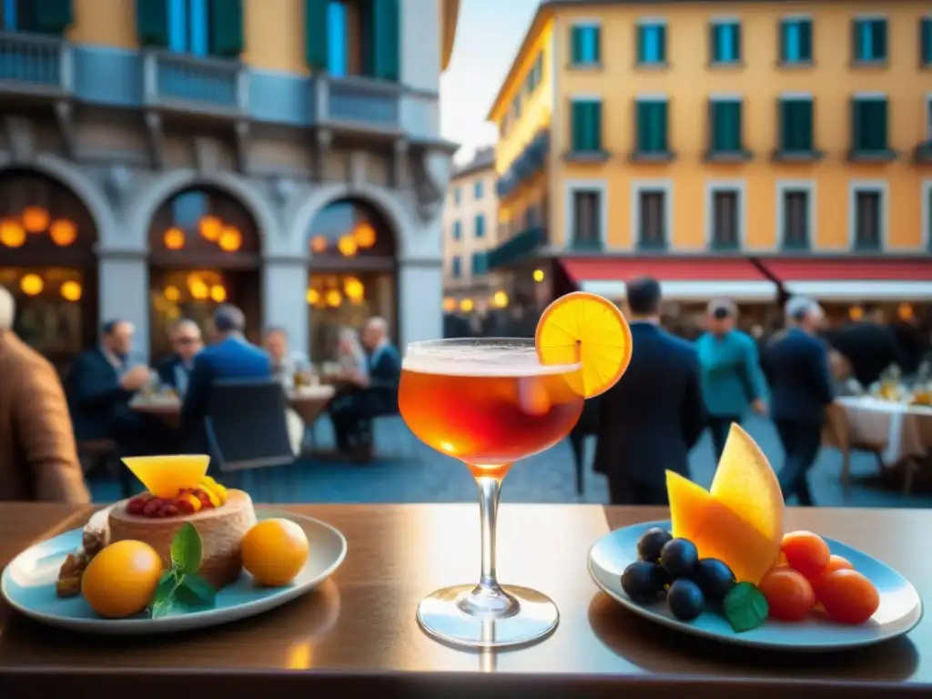 Animado aperitivo tradicional norte Italia: Locales elegantemente vestidos disfrutan antipasti y Aperol spritz en Milan