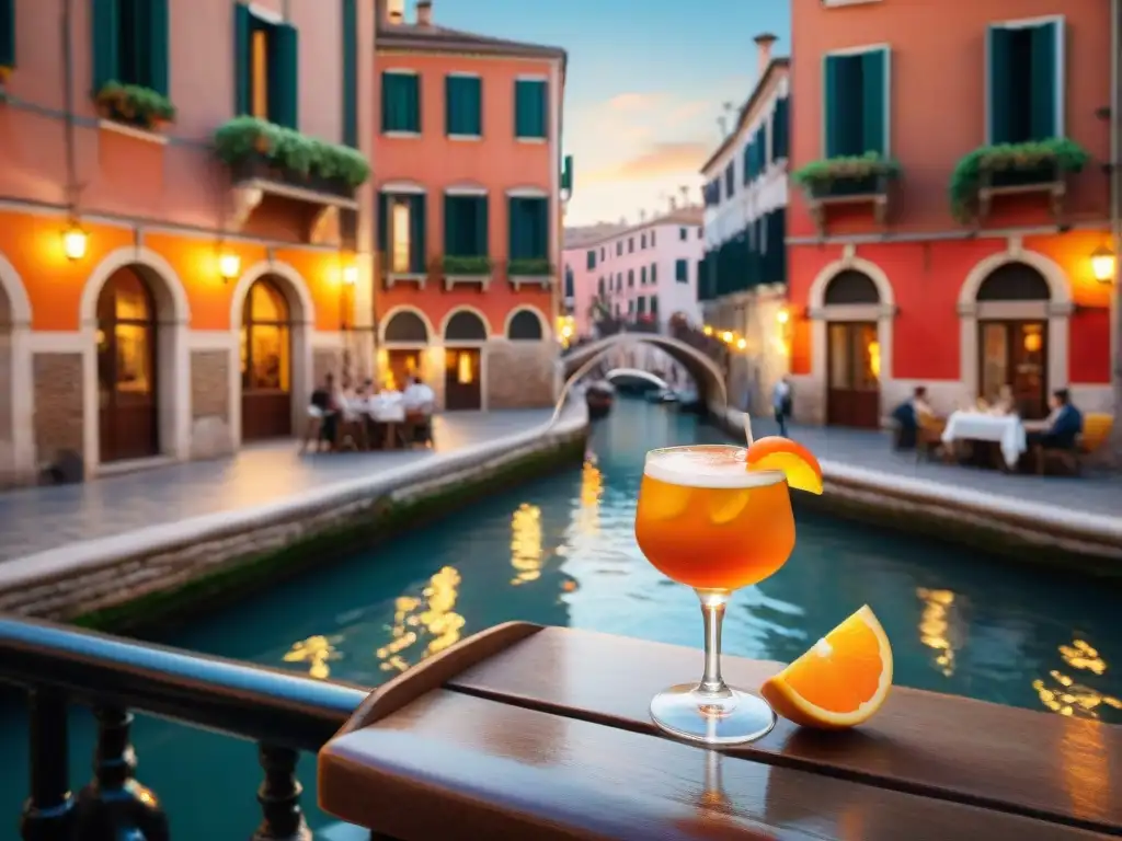 Escena animada de café italiano al atardecer con Spritz y encanto veneciano Animado café italiano al atardecer con Spritz y luces cálidas
