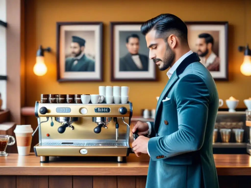 Un animado café italiano con barista preparando espressos en máquina tradicional