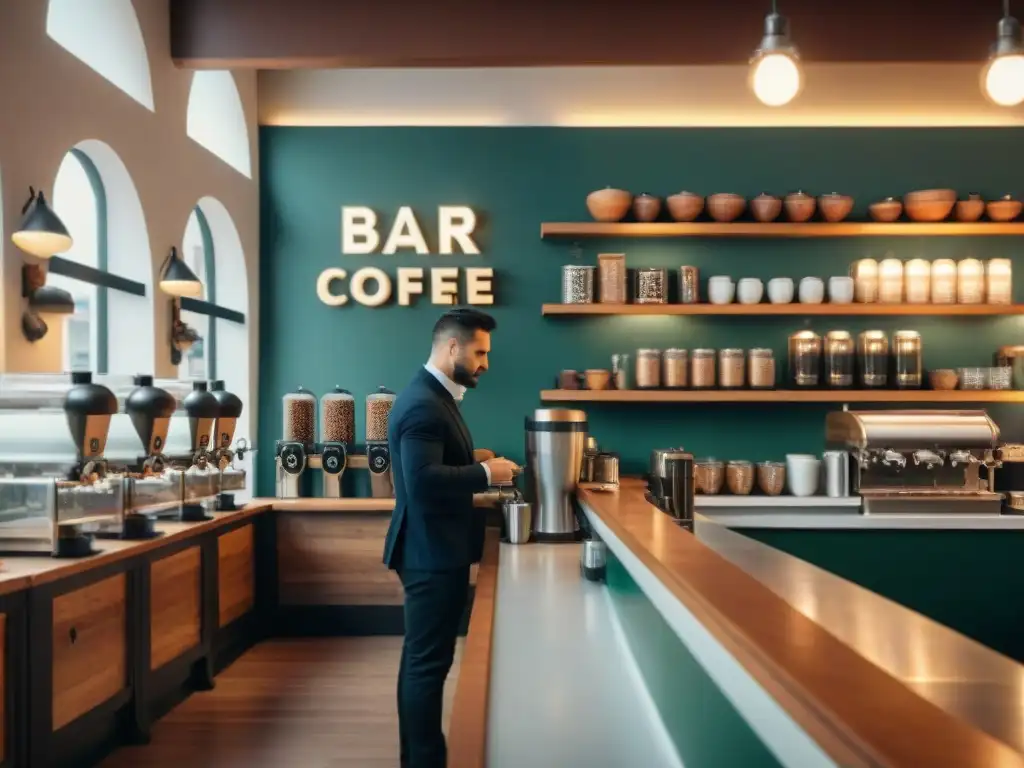 Un animado café italiano con clientes disfrutando espresso y barista preparando cappuccinos
