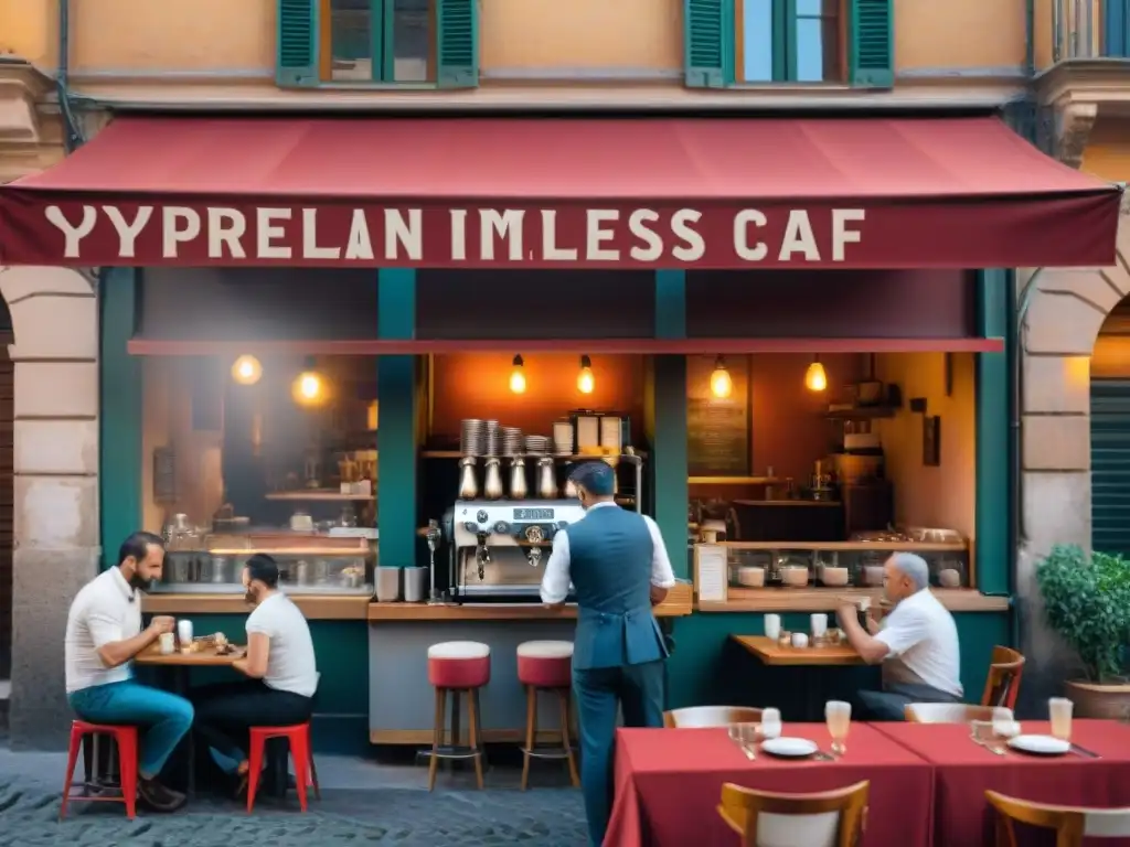 Un animado café italiano en el corazón de Roma, con terraza encantadora bajo sombrillas rojas vibrantes