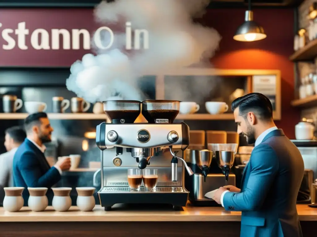 Un animado café italiano durante la hora punta de la mañana, con clientes esperando café espresso y un barista experto preparando las bebidas