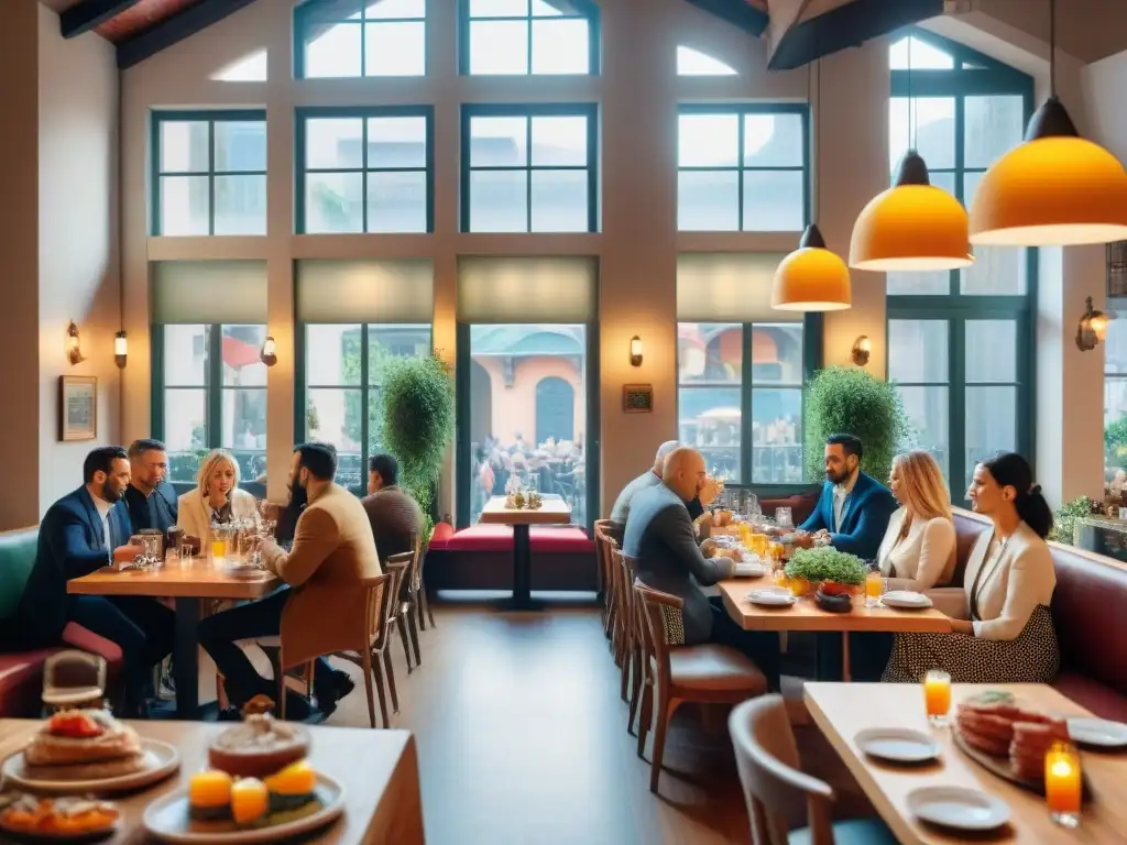 Un animado café italiano durante el brunch con una mesa comunal larga repleta de delicias tradicionales