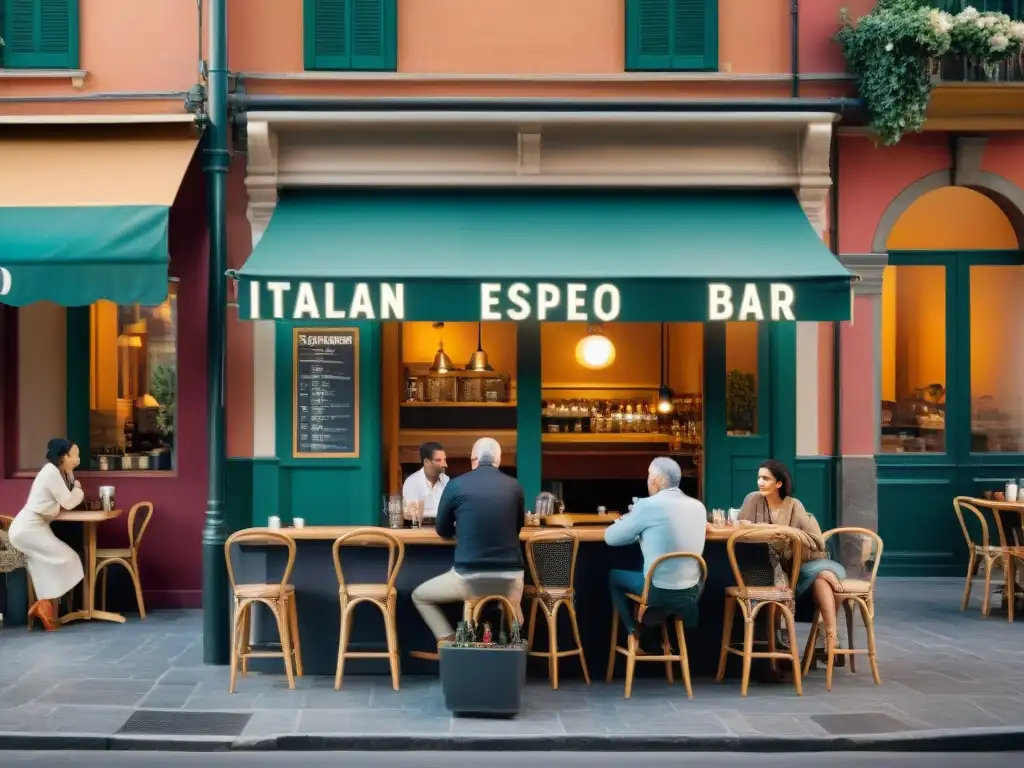 Un animado café italiano tradicional en plazas, con barista preparando espresso y clientes conversando felices