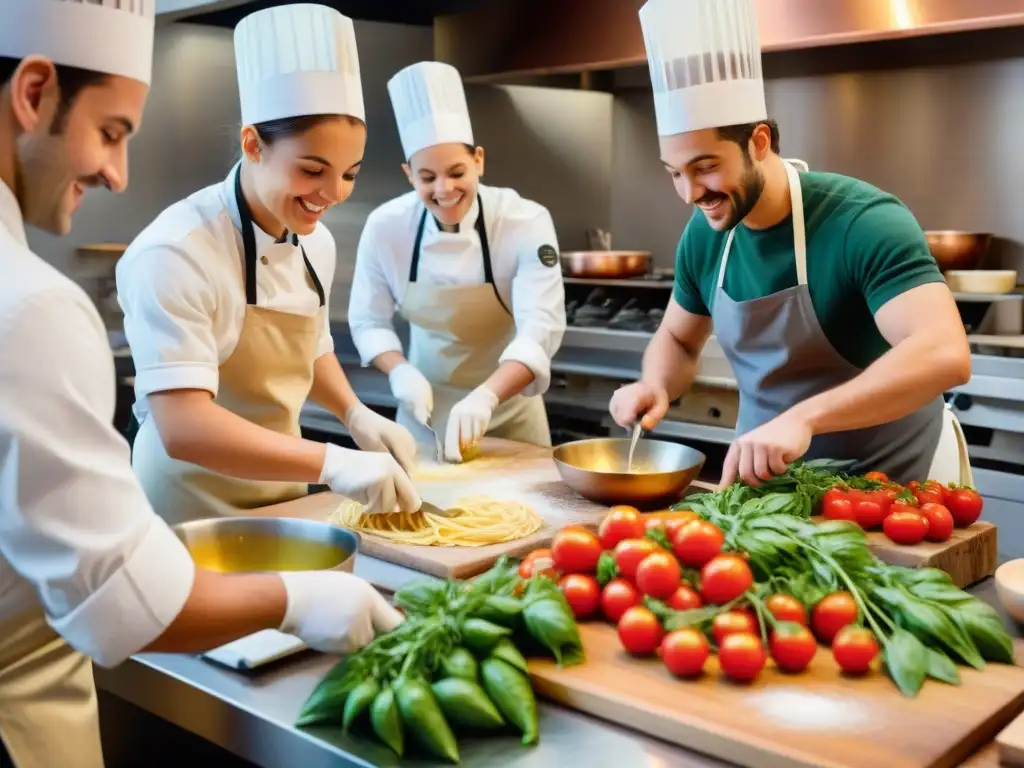 En un animado curso de cocina italiana avanzado, estudiantes de diversas edades y orígenes preparan platos tradicionales con entusiasmo