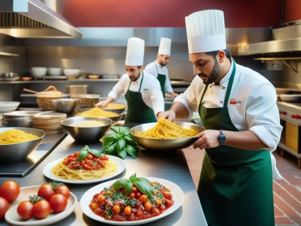 Un animado y detallado escenario de una cocina italiana tradicional, con chefs preparando platos coloridos y sabrosos como pasta, pizza y antipasti