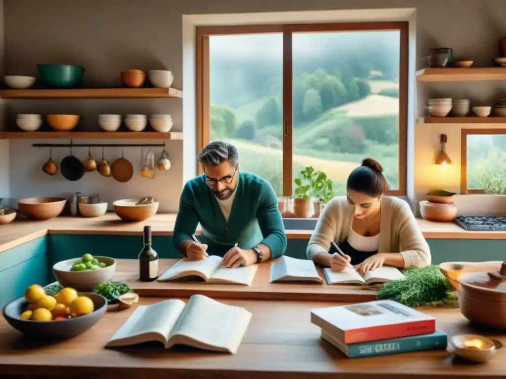 Un animado encuentro de escritores en una cocina italiana llena de vida, rodeados de revistas y libros culinarios