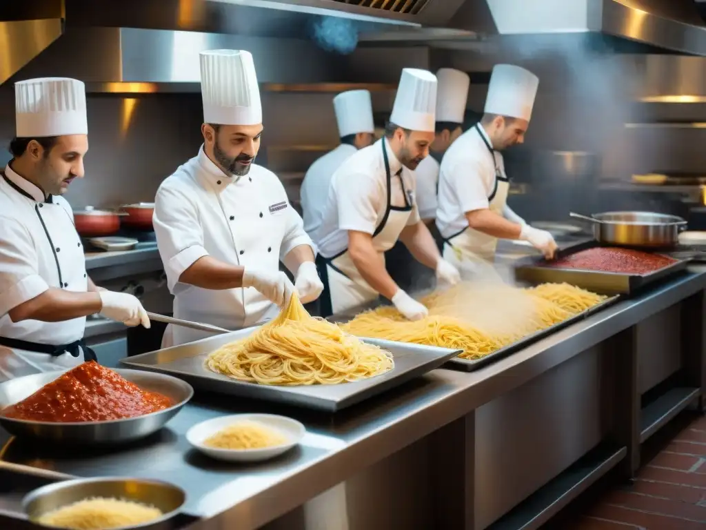 Un animado escenario de cocina italiana sin gluten tradicional, con chefs expertos creando platos deliciosos con pasión y precisión