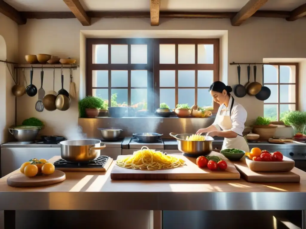 Un animado escenario de cocina italiana tradicional, con chefs preparando platos de pasta y verduras en tablas de madera