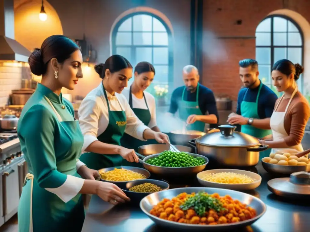 Un animado escenario en una cocina italiana llena de inmigrantes, fusionando culturas y técnicas culinarias