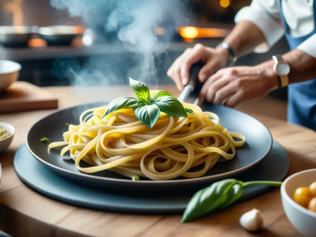 Un animado escenario de cocina italiana con influencias internacionales, chefs colaborando alegremente entre aromas y sabores globales