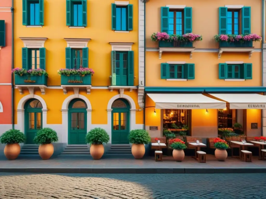 Plaza italiana encantadora: arquitectura vibrante y cafés acogedores Un animado espacio urbano italiano con cafés al aire libre, locales disfrutando espresso y coloridas fachadas