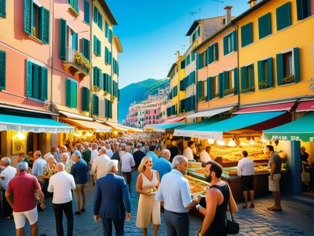 Animado festival de la anchoa en Monterosso, Liguria, donde locales y turistas degustan platos de anchoa en coloridos puestos de comida