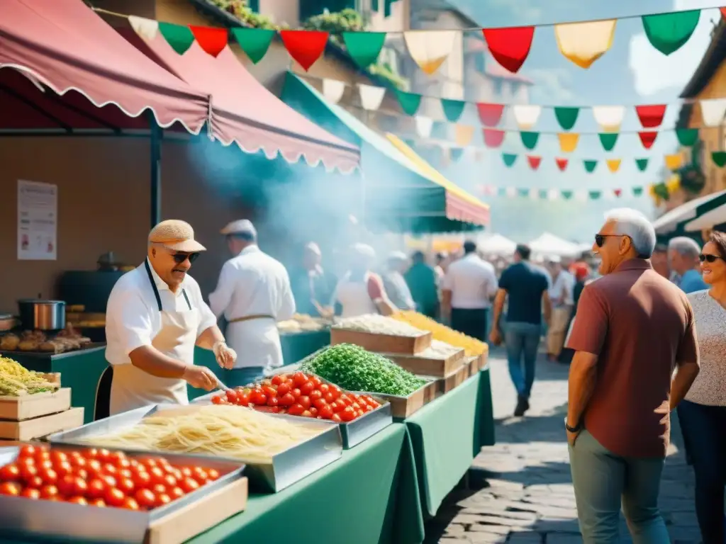 Animado festival de comida italiana con variados puestos de pasta, pizza, gelato y cannoli, gente disfrutando