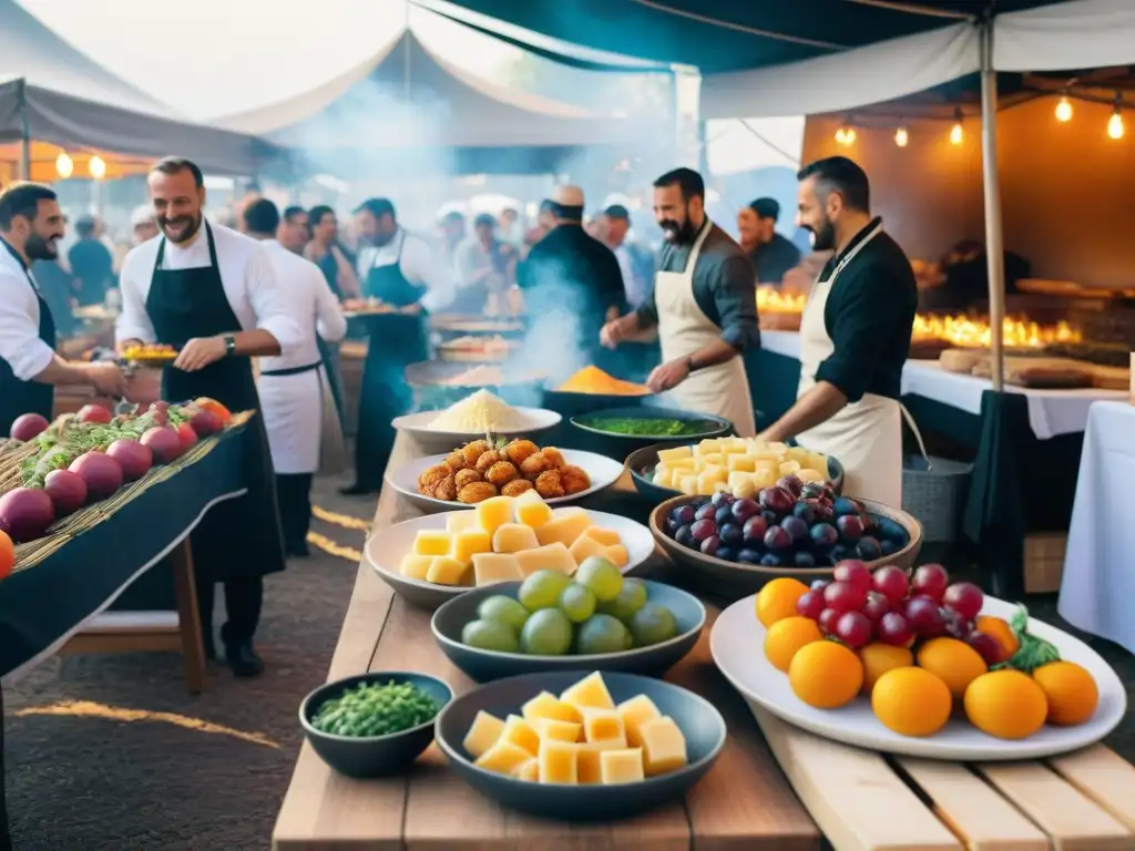 En un animado festival de comida y vinos italianos, coloridos puestos exhiben productos frescos y botellas de vino