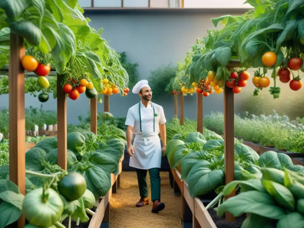 Un animado huerto urbano italiano con chefs seleccionando hierbas y vegetales frescos para su restaurante, bajo el cálido sol