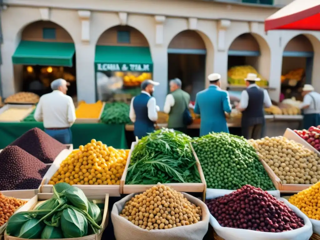 Un animado mercado de agricultores en Italia con legumbres italianas saludables sostenibles en un escenario vibrante y soleado