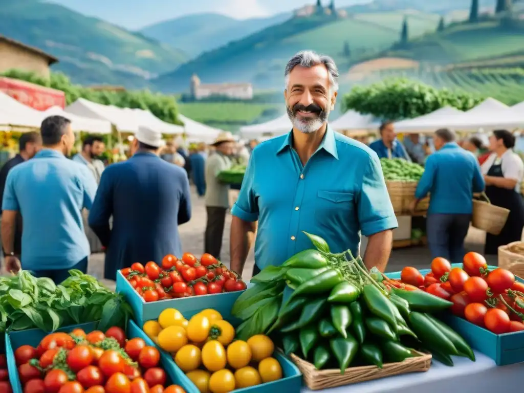 Un animado mercado de agricultores en Italia, con puestos coloridos rebosantes de productos frescos y orgánicos