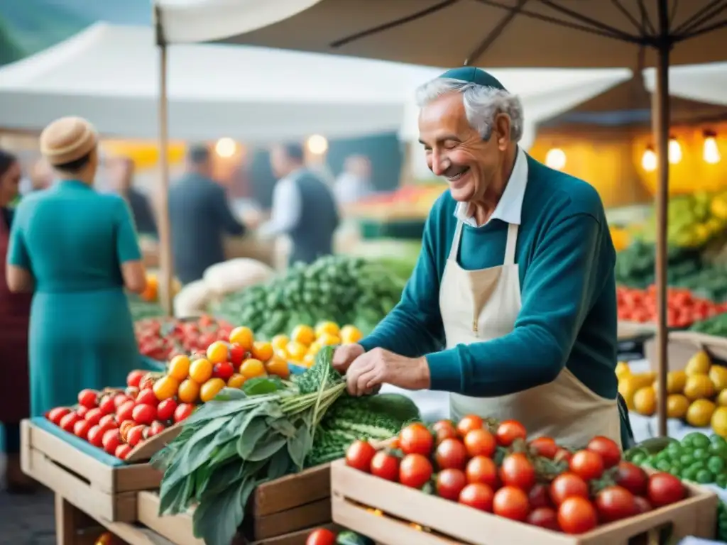 Mercado al aire libre en Italia: colores y sabores locales Un animado mercado al aire libre en Italia, con puestos coloridos de frutas y verduras frescas