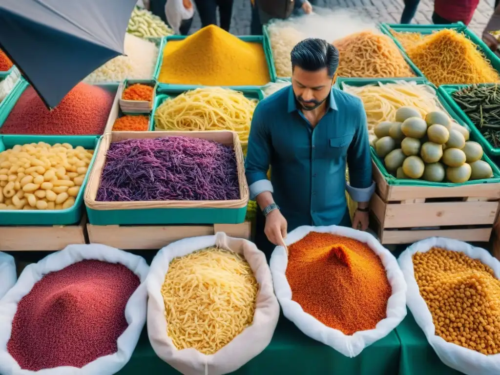 Un animado mercado al aire libre en Italia con ingredientes étnicos y variedades de pasta tradicional