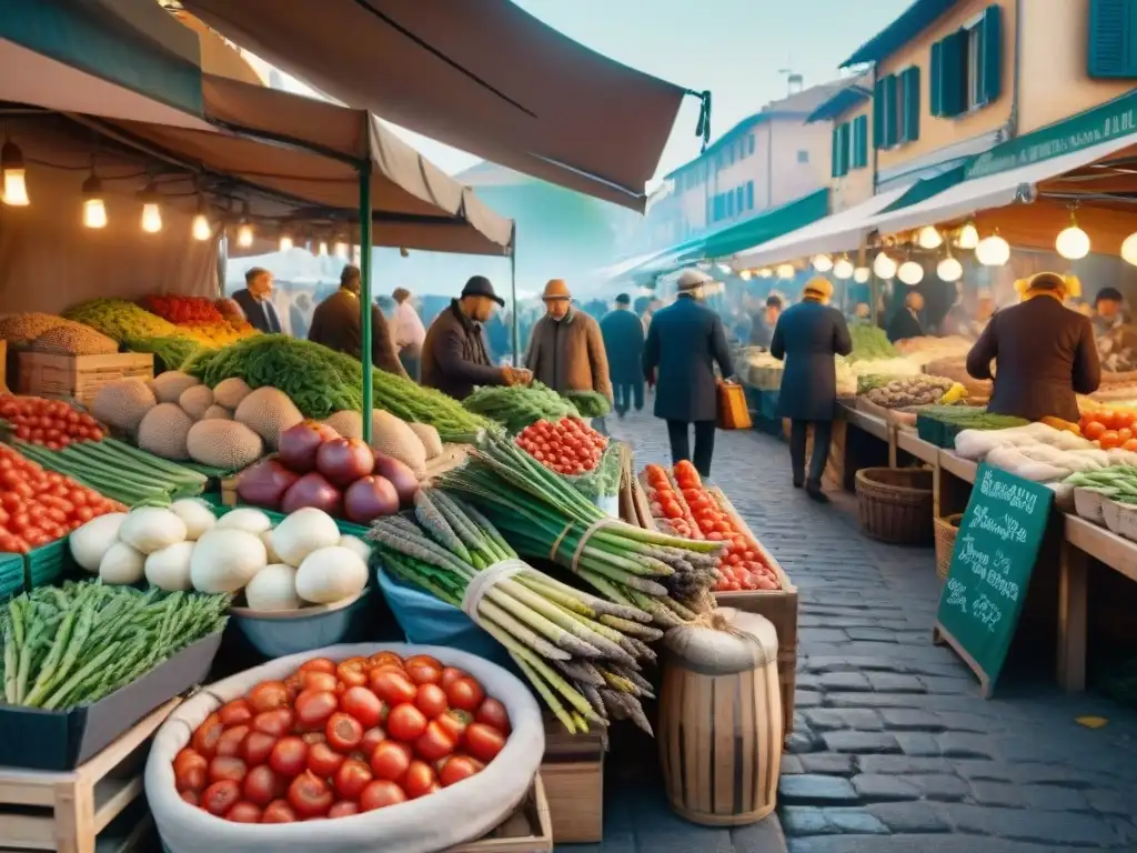 Animado mercado al aire libre en Italia con ingredientes tradicionales para risotto vegano recetas tradicionales