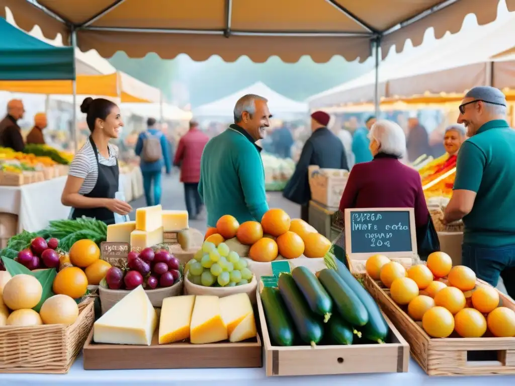 Un animado mercado agrícola en Italia, con alimentos frescos, quesos artesanales y productos caseros