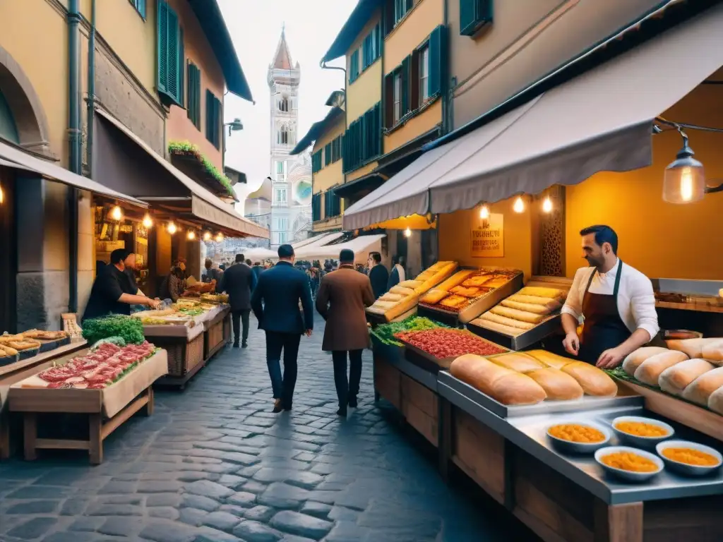 Animado mercado callejero en Florencia con puestos de comida tradicional