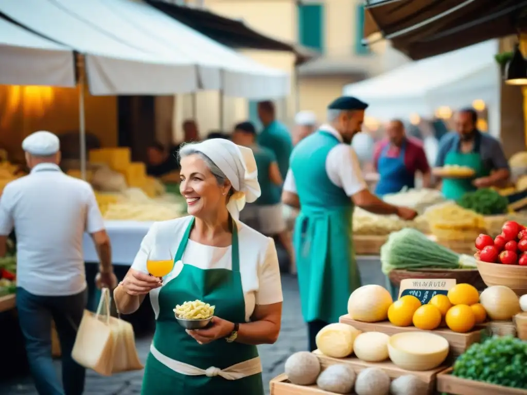 Un animado mercado callejero italiano, lleno de puestos coloridos de productos frescos, hierbas aromáticas y quesos locales