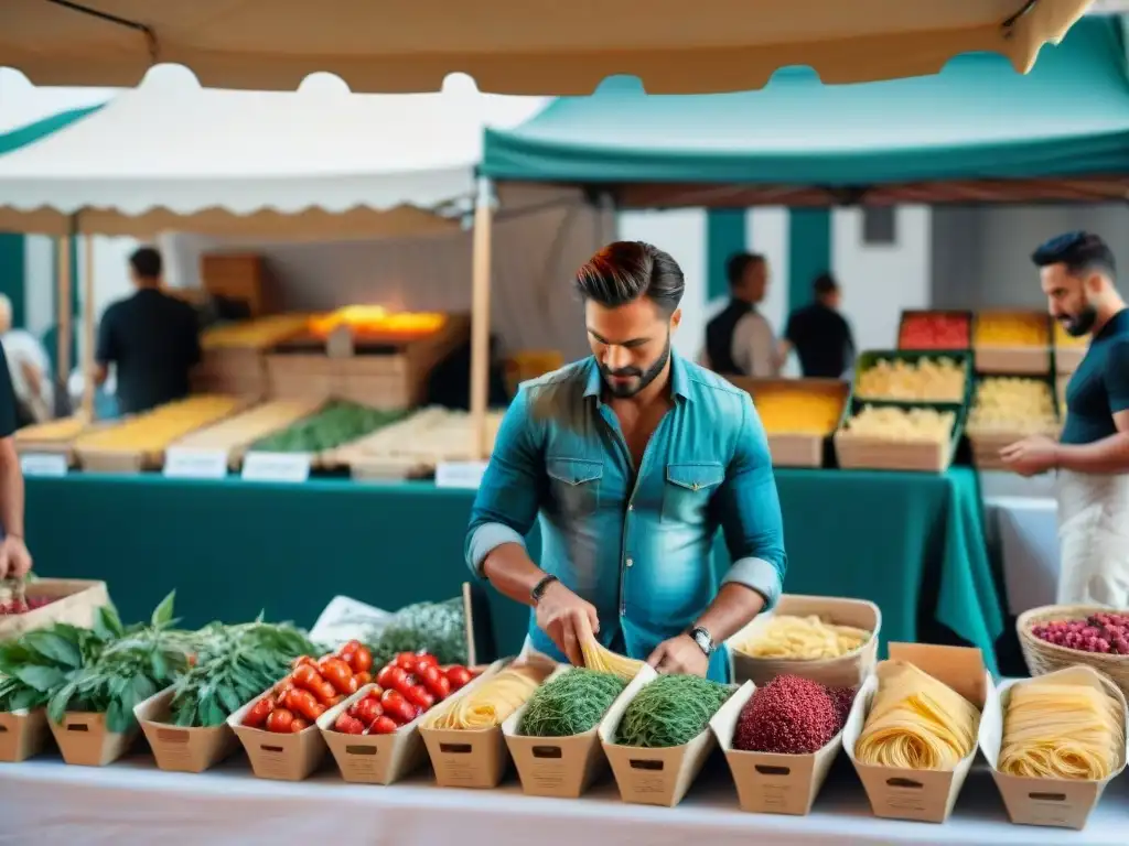 Animado mercado callejero italiano con puestos de pasta fresca, tomates maduros y vinos locales en un festival de cosecha italiana