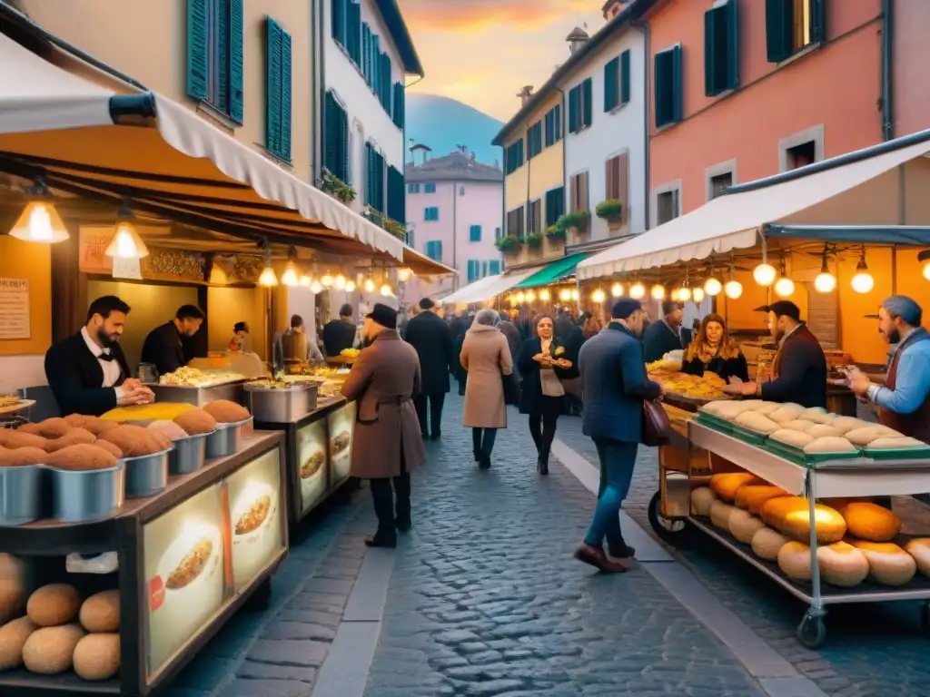 Animado mercado callejero en el norte de Italia con deliciosa comida callejera y coloridos carritos de comida